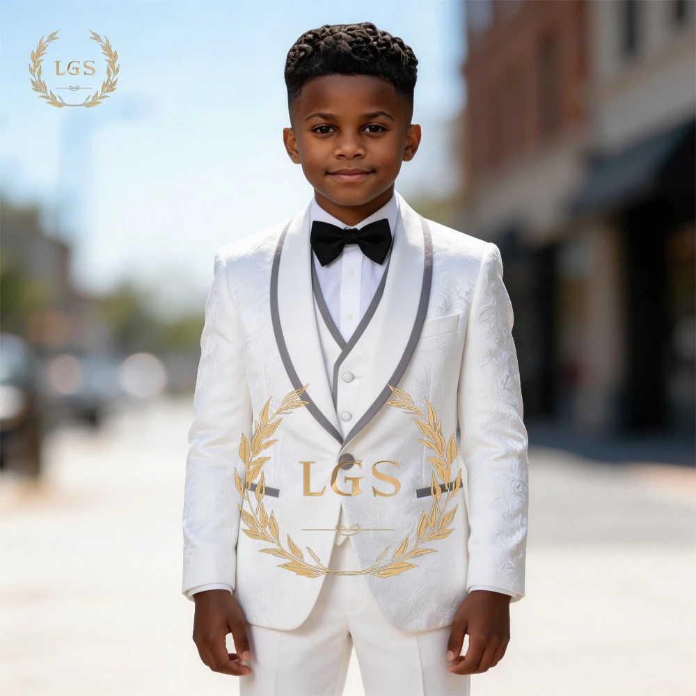 

Boys' Custom Tailored 3-Piece Formal Jacquard Tuxedo – Piped Shawl Lapel Blazer, Waistcoat & Pants for Banquets & Birthdays