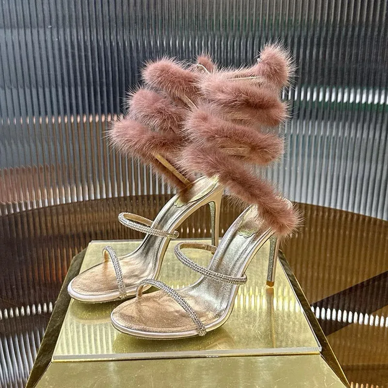 Sandals Sparkling Rhinestone Fur Thin High Heels Women's Narrow Band Gladiator Sandalias Summer Sexy Party Banquet Dress Shoes