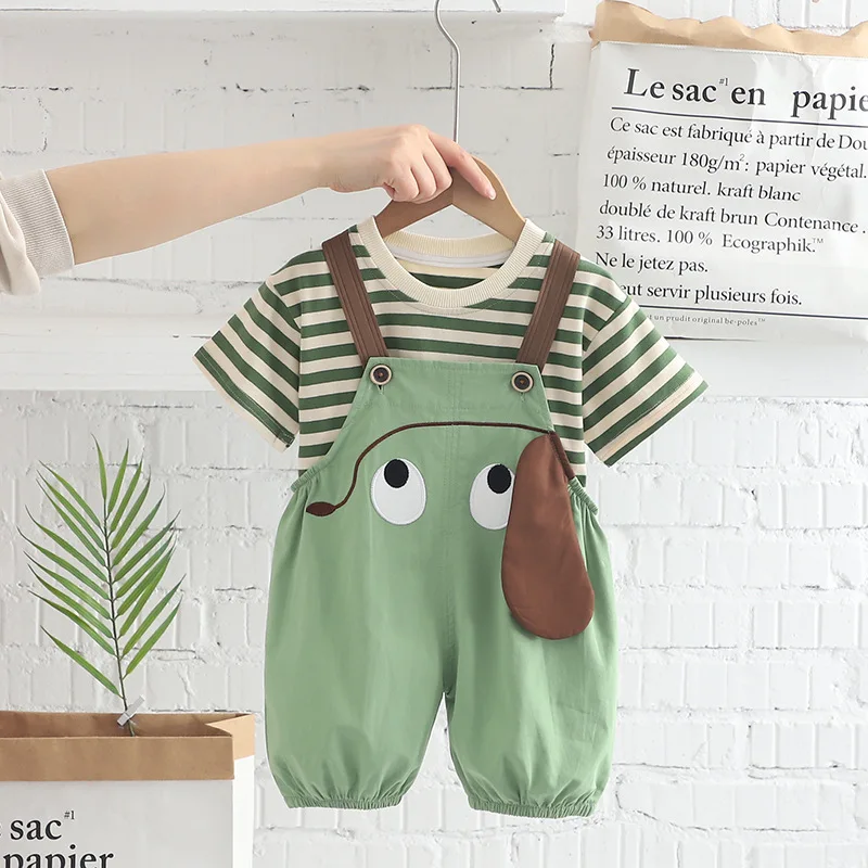 

Designer Baby Boy Outfit Set 2024 Summer New Fashion Cartoon Striped O-neck Short Sleeve T-shirts and Overalls Kids Boys Clothes