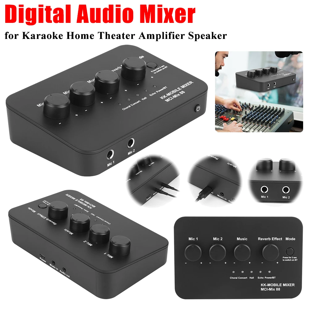 

Digital Audio Mixer for Karaoke Home Theater Amplifier Speaker AUX IN/OUT BT Connection 2 Mic Inputs Karaoke Sound Mixer Machine