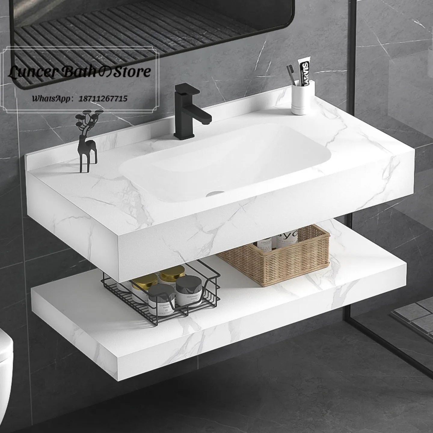 Seamless Integrated Basin Ceramic Glossy Sintered Stone Hand Wash Sink, Hotel Vanity, Minimalist Bathroom Cabinet Set