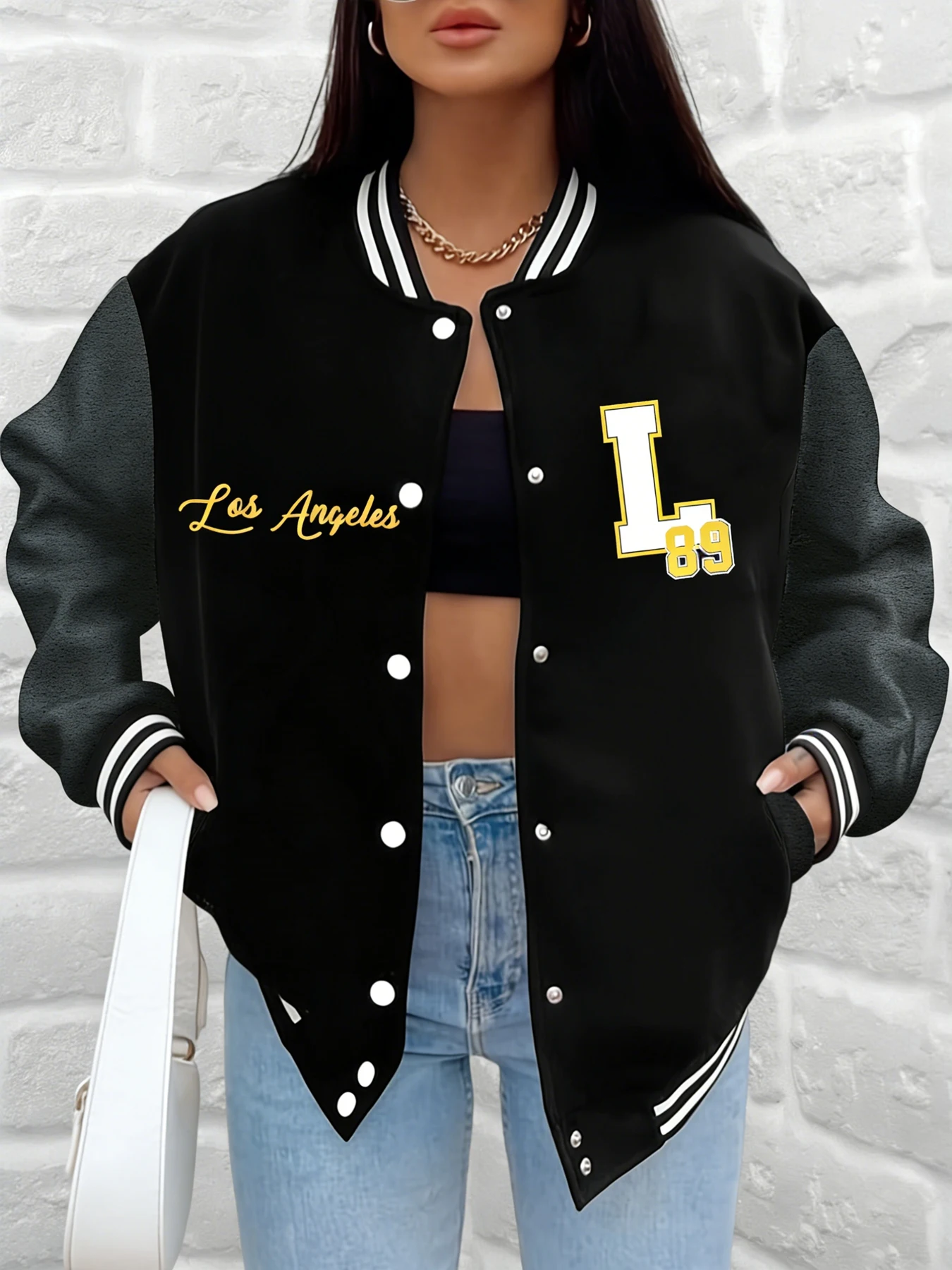

Женская бейсбольная куртка с принтом Лос-Анджелеса, университетское пальто с буквенным принтом L 89, свободная верхняя одежда, повседневная уличная фрисовая повседневная одежда