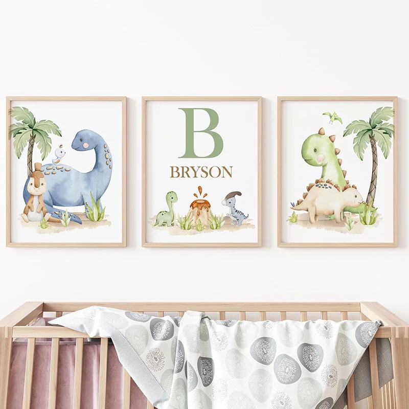 Personalized Custom Name Cartoon Dinosaur Wall Art Print Pictures Dino Canvas Poster Painting For Living Child Room Home Decor
