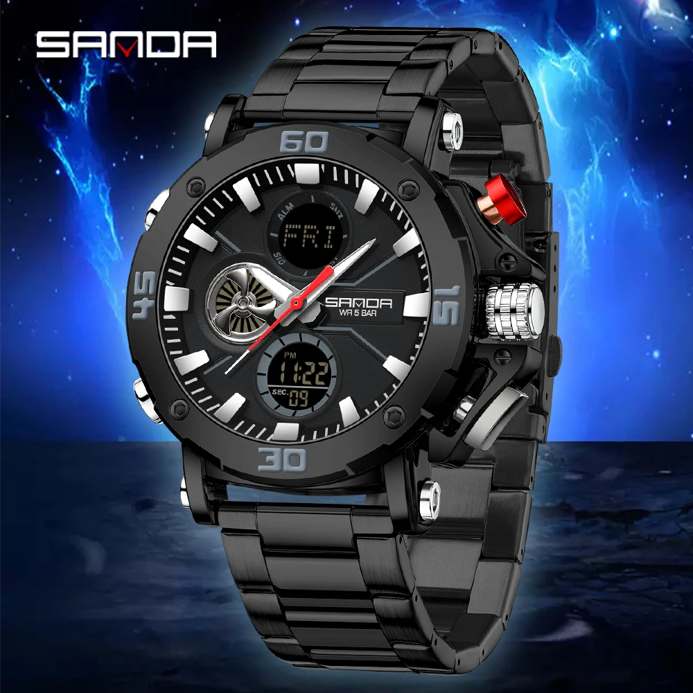 SANDA 3350 ساعة إلكترونية عصرية وعصرية للرجال رياضية متعددة الوظائف مقاومة للماء عرض مزدوج ساعة إلكترونية للرجال