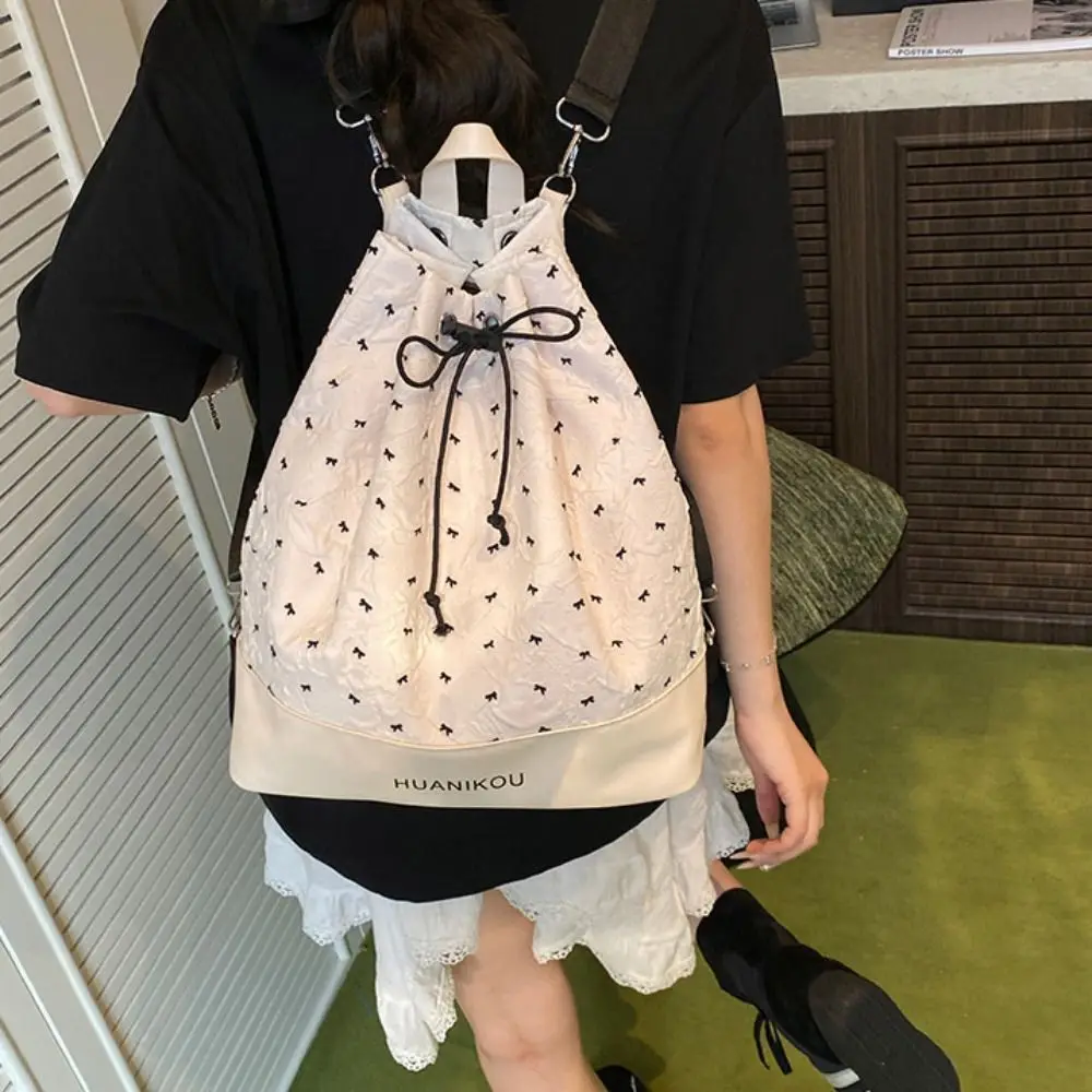 

Large Capacity Bow Pleated Backpack Lightweight Solid Color Sweet Shoulder Bag Tote Bag Korean Style Drawstring Fitness Bag