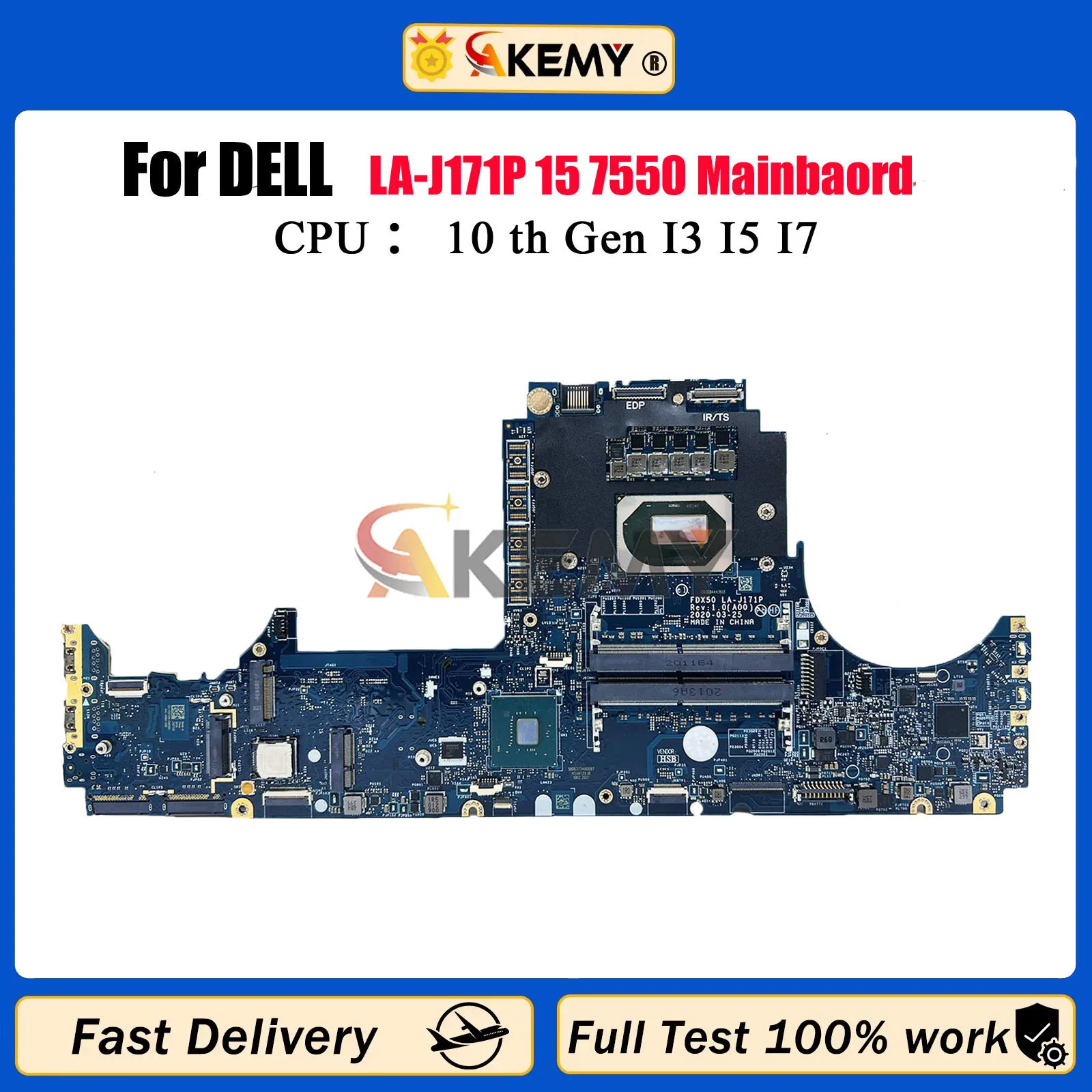 

LA-J171P With i5 i7 10th Gen CPU For Dell Precision 7550 Laptop Motherboard CN-090NVT 0DD58W Notebook Mainboard 100% Tested