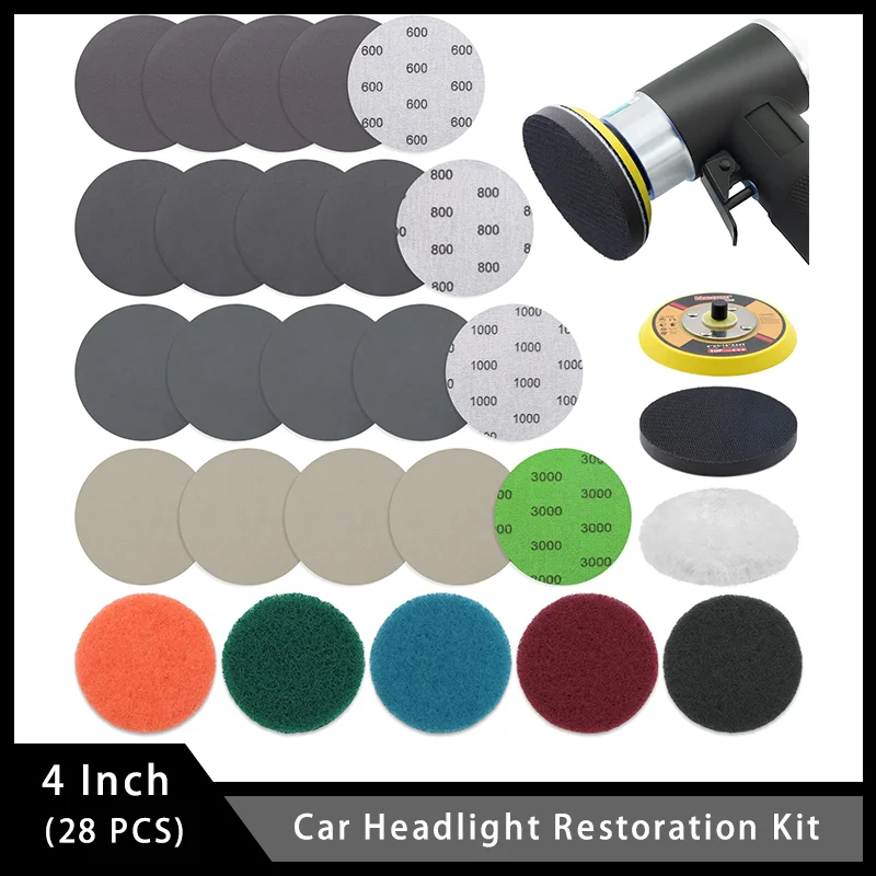 

4 Inch Car Headlight Restoration Kit 28 Pcs Polishing Sanding Discs with Backing Pad Scouring Pads Soft Interface Pad