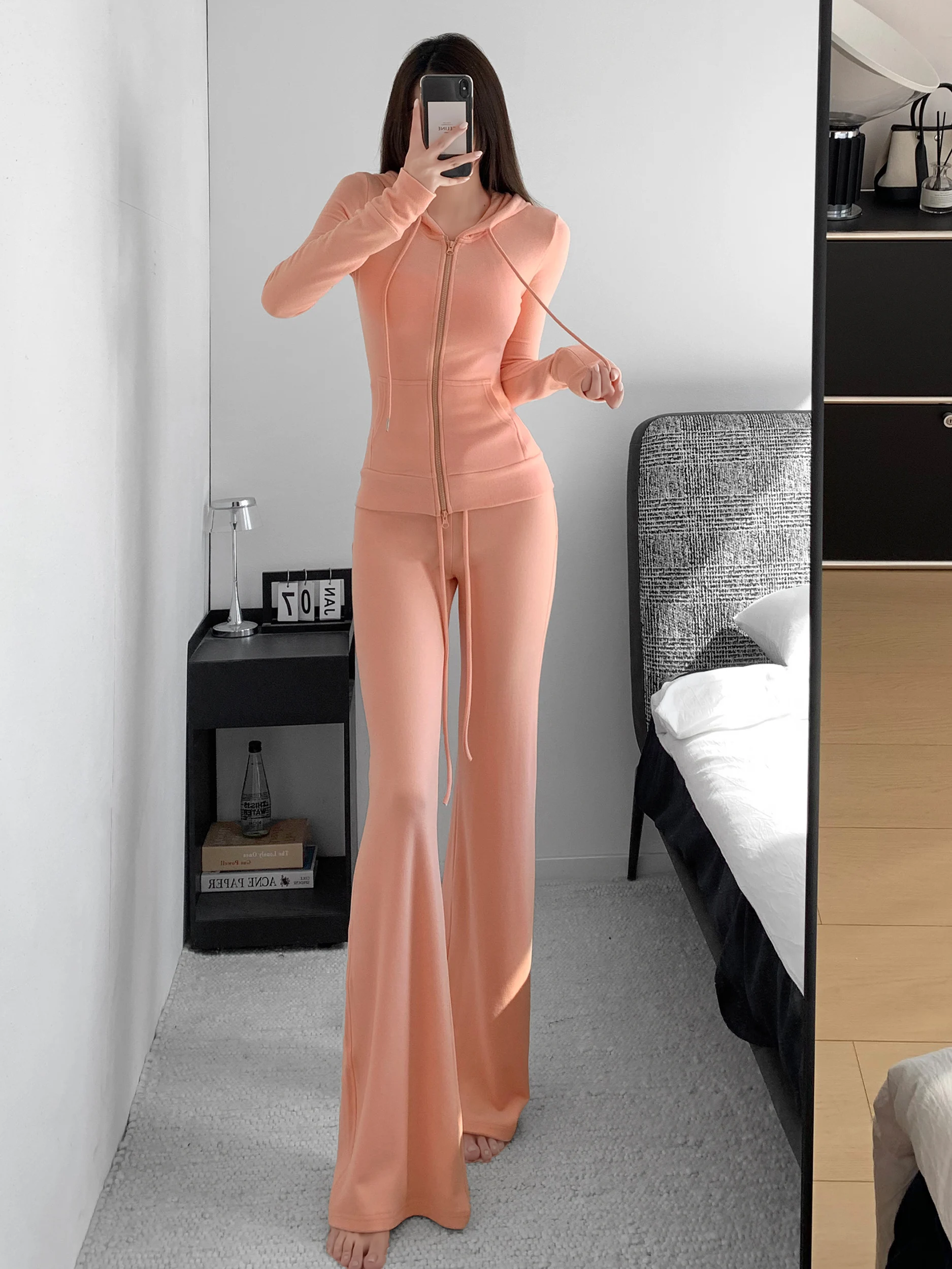 Loose Fitting Zipper Hoodie And High Waist Trousers Two Piece Set Women's Casual Wear Age Defying Body Shaping Fashion