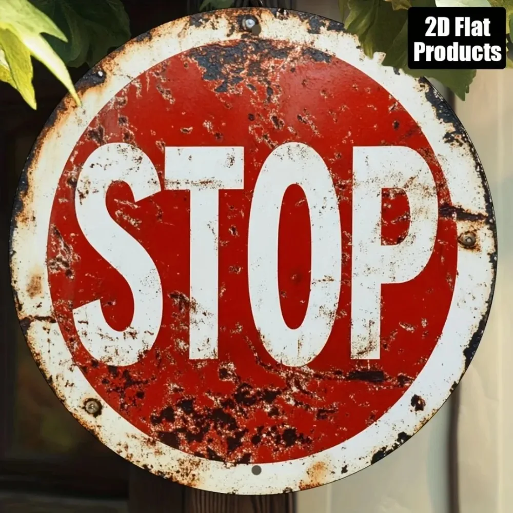Vintage Metal Wall Decor Round Stop Sign Aluminum 2D Flat Retro Home Bar Kitchen Living Room Art