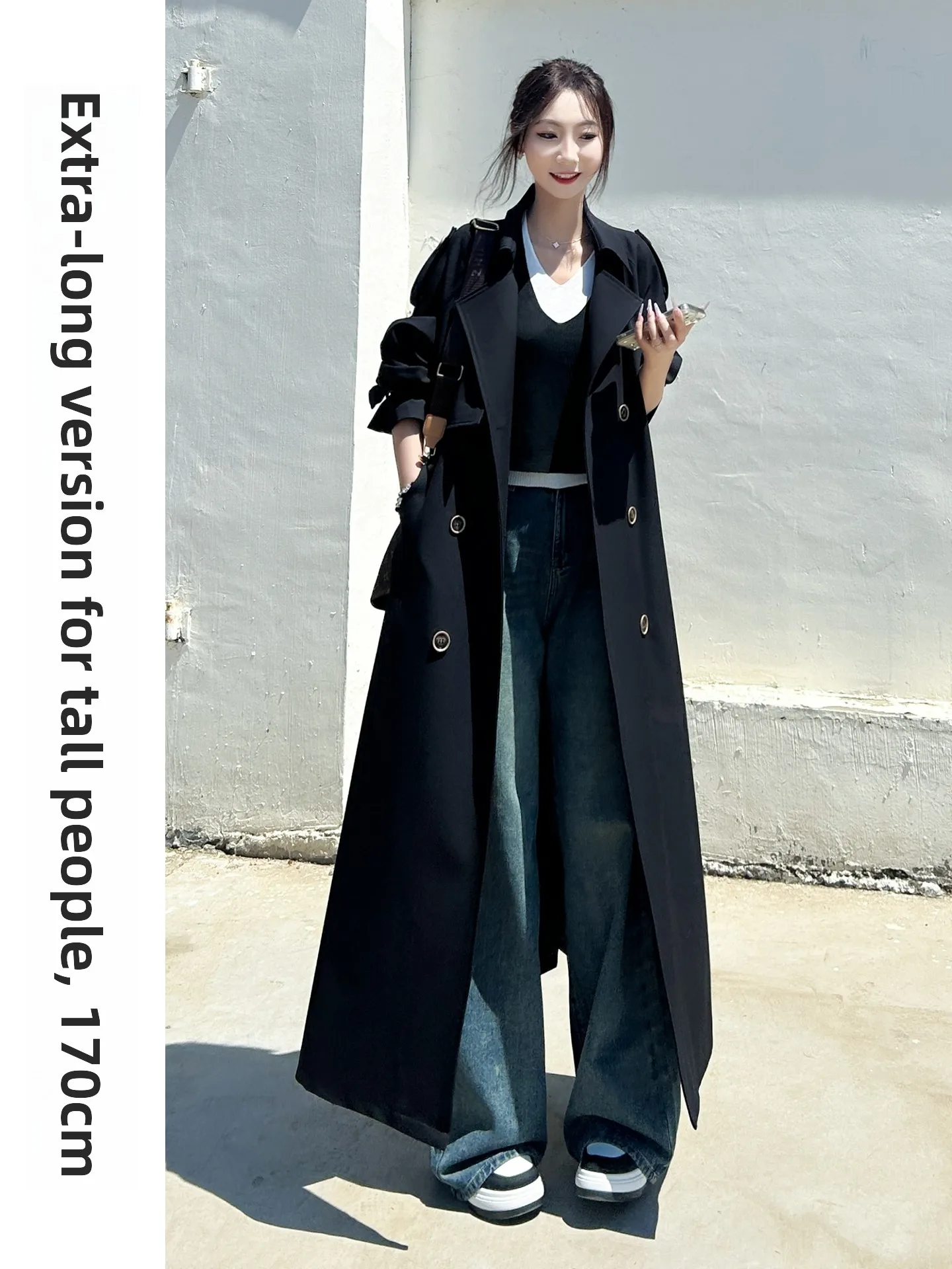 

Extended Length Bla Coat Women's Long Sle over Knee Autumn Spring Casual High-End Feel Korean Version Loose Fit Button Po...
