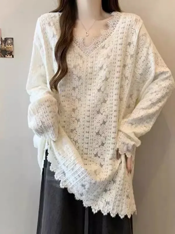 플러스 사이즈 300 파운드 여성용 롱 슬리브 V넥 레이스 봄 패션 엉덩이 커버 슬리밍 탑 한국 스타일 루즈핏