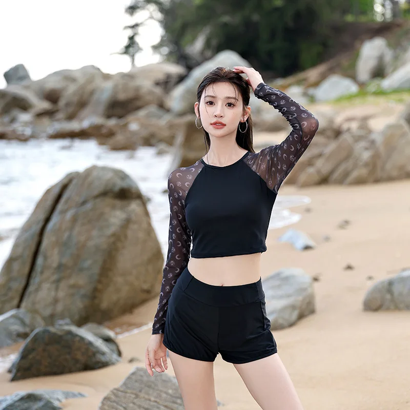 Korea Women's Swimsuit Color Blocking Split flat Corner Long Sleeve Swimsuit Conservative Belly-shading Thin Spa Swimsuit