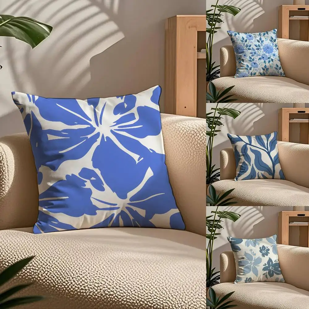 

Elegant Blue Floral Pillow Case Comfort Sofa Bed Silky elegant Invisible zipper Custom Decorative cushion cover