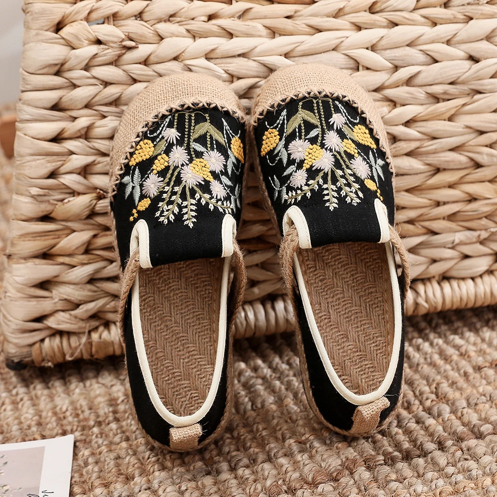 Veowalk Grass Embroidered Women Handmade Linen Canvas Slip On Loafers Comfortable Summer Spring Flat Walking Shoes Black Beige