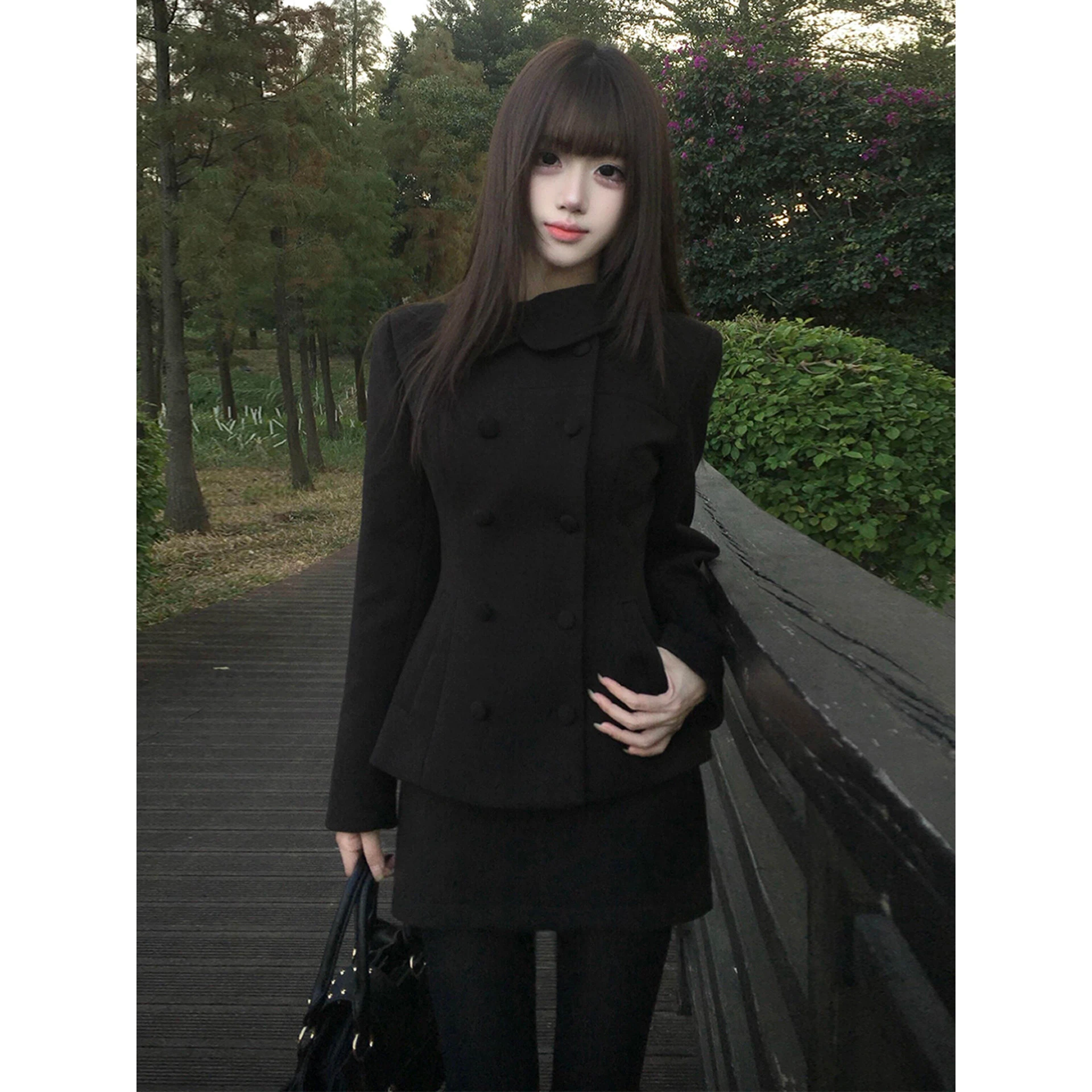 Black Woolen Suit Jacket And  Skirt Set Rich Girl Style Two-Piece Korean High-End Feeling Casual Sportswear for Women