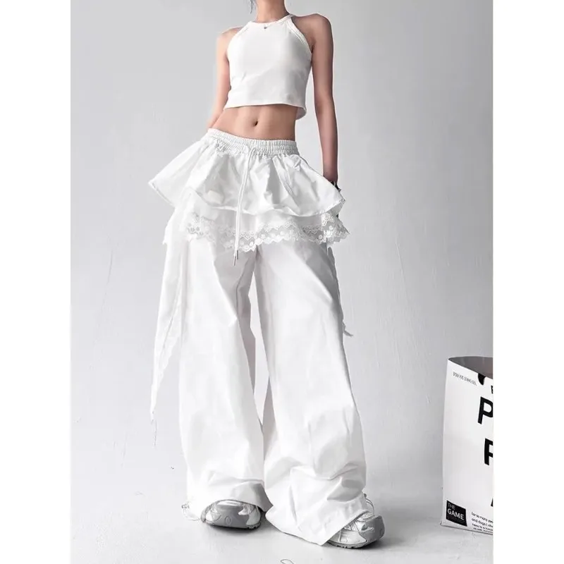 Black Cargo Pants Women Streetwear Lace Patchwork White Wide Leg Pants Summer Gyaru Harajuku Korean Baggy Trousers New