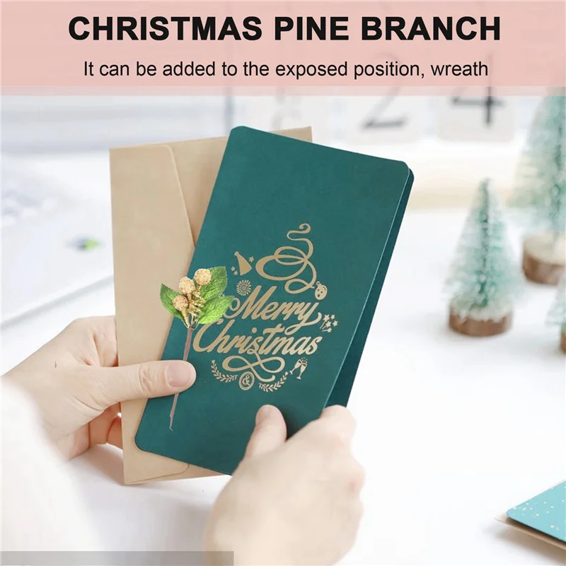 AC23-45Pcs Red Christmas Berry And Pine Cone Picks With Holly Branches For Holiday Floral Decor Flower Crafts