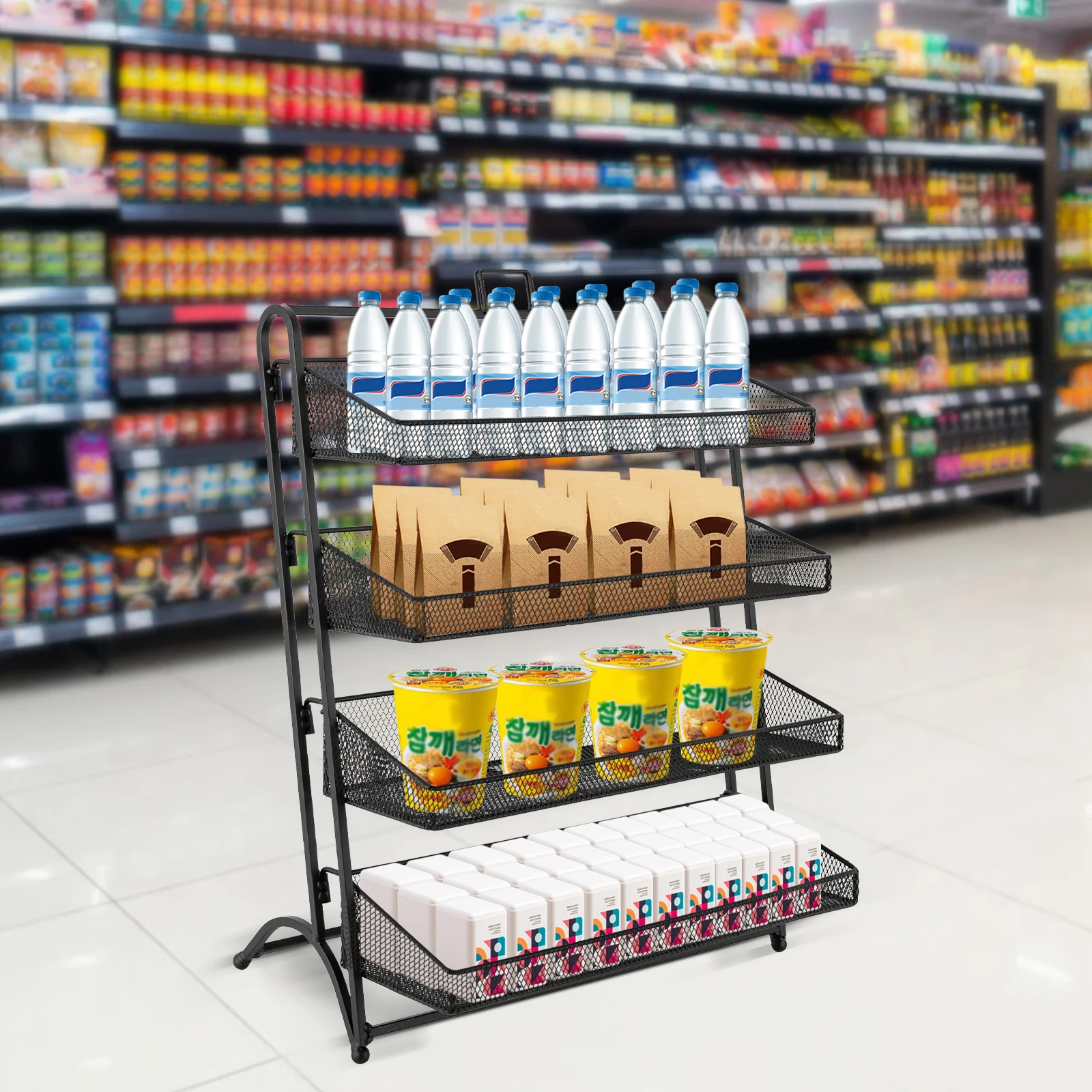 4 طبقات التجزئة الحلوى رف شاشة وجبة خفيفة المنظم كونترتوب وجبة خفيفة الجرف الحديد الأسود الحديثة مستطيلة الطلاء رش أنبوب الصلبة