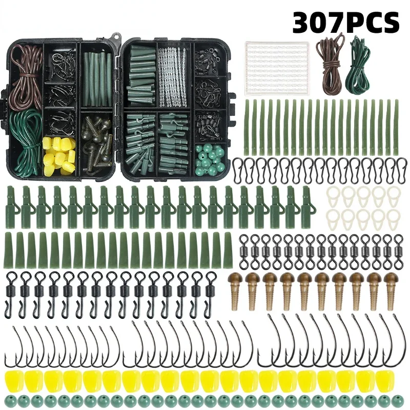 307pcs Carp Fishing Tackle Kit in Box Fishing Swivels Snaps Rubber Anti Tangle Sleeves Hook Stop Beads Fishing Accessories