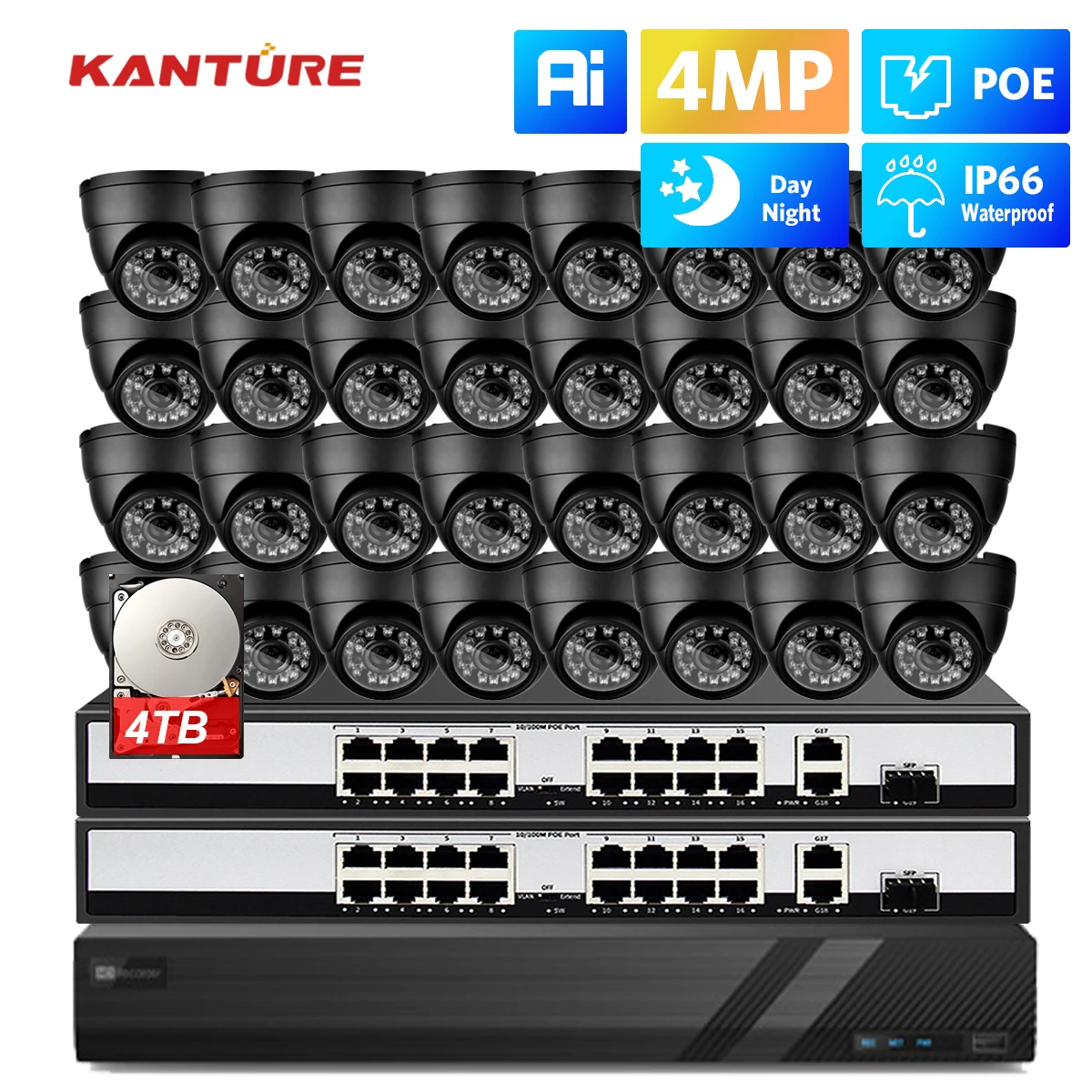 

KANTURE H.265 32CH 4MP Security Camera System Smart AI Human Detected 2K Metal Indoor Outdoor CCTV Video Surveillance Kit P2P