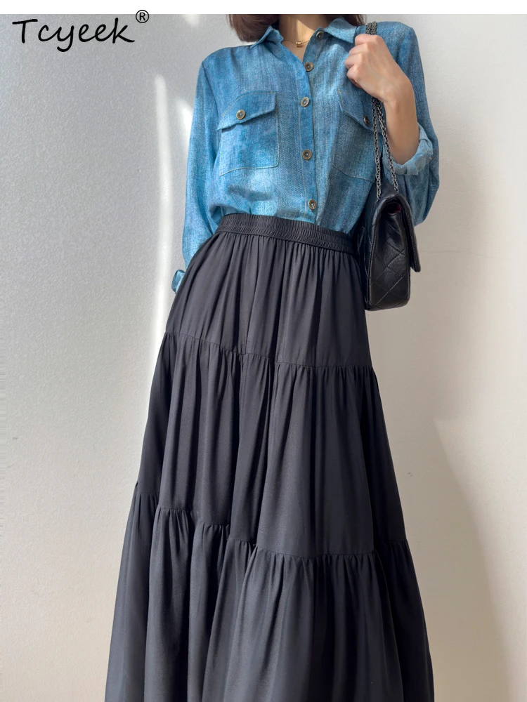 Tcyeek 70% Mulberry Silk +30% Cotton Summer Skirt Beach Skirts Woman Clothes 2025 Fashion Elegant Skirts for Women Юбка Женская