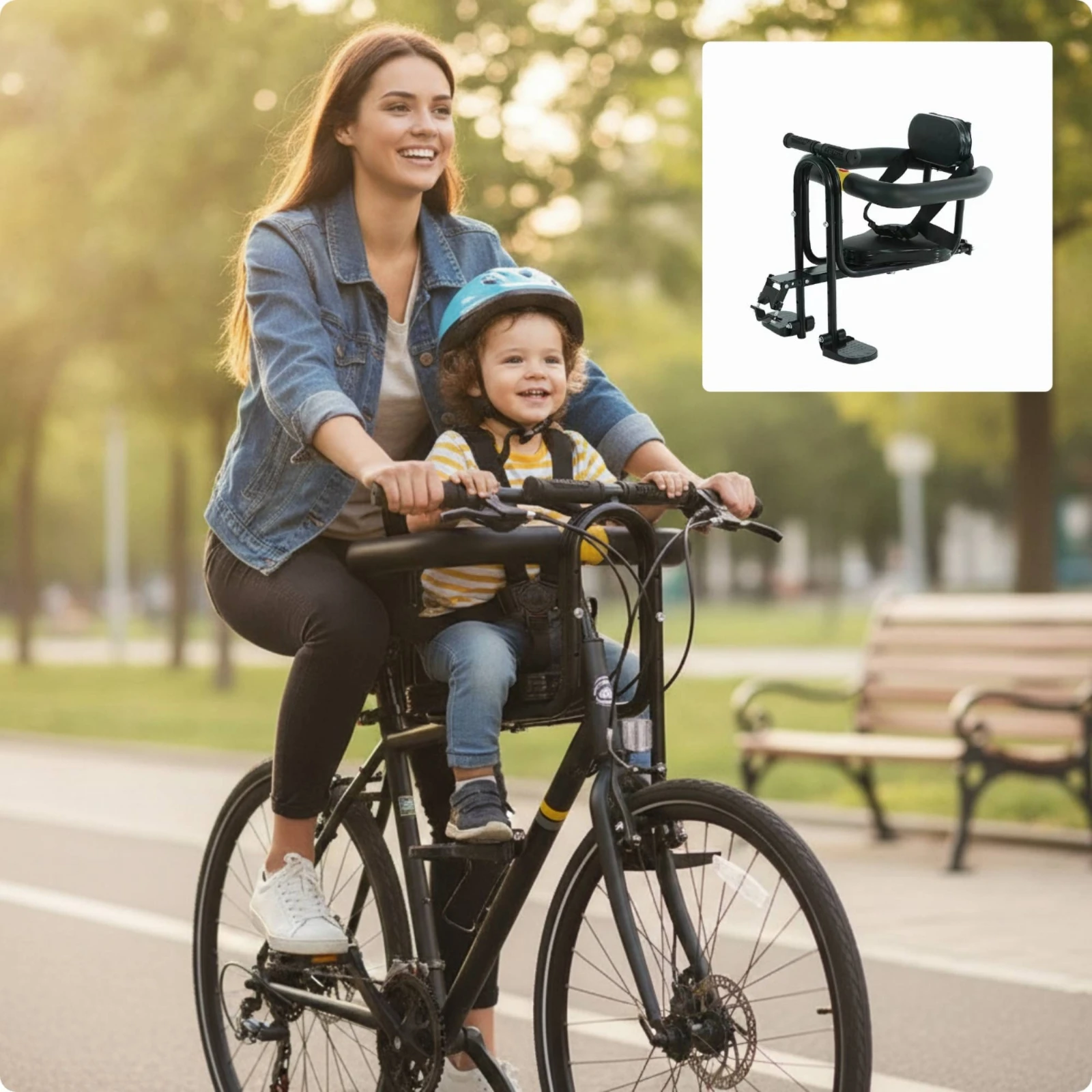 Front Mounted Bike Seat Compact Secure Padded Child Seat Sturdy Stable with Harness and Footrests for Family Cycling