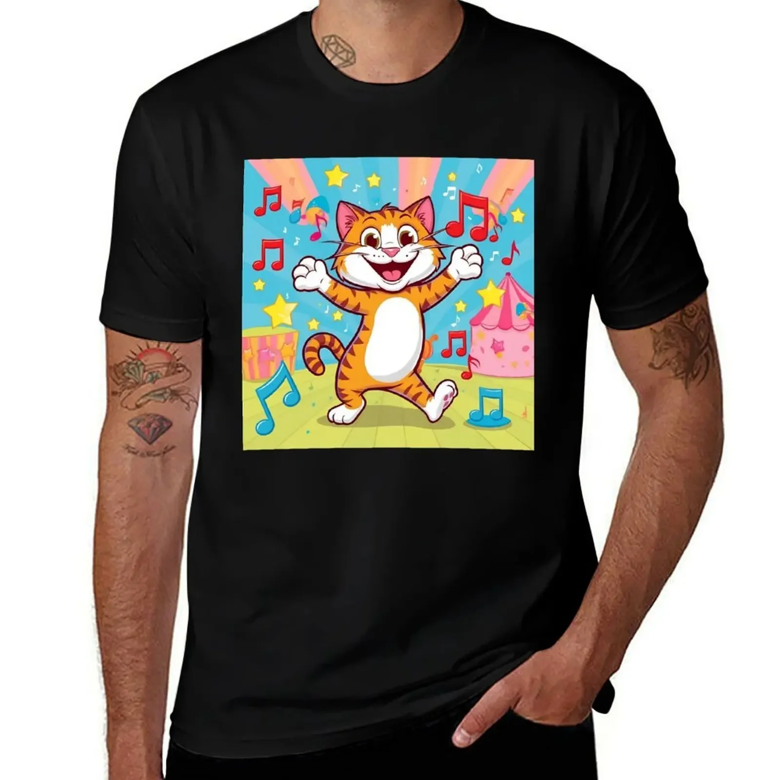 

Dancing cute cat dances between many notes T-Shirt luxury t-shirt blanks Personalized t-shirt blue lock T-shirts for men cotton