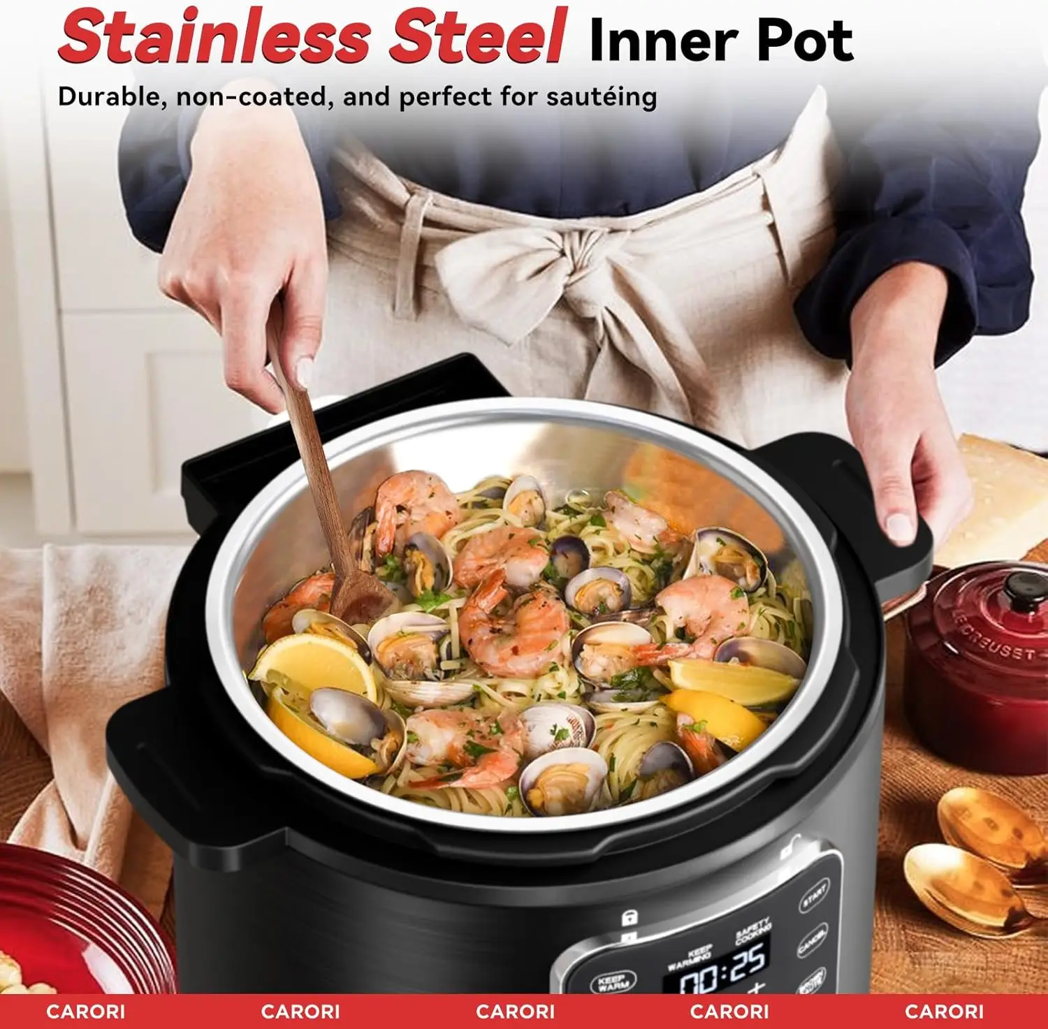 طنجرة ضغط كهربائية 9 في 1 سعة 6 كيو تي، وعاء داخلي من الفولاذ المقاوم للصدأ، 12 طباخ متعدد الوظائف قابل للبرمجة مع تصميم آمن للتنفيس، Ri