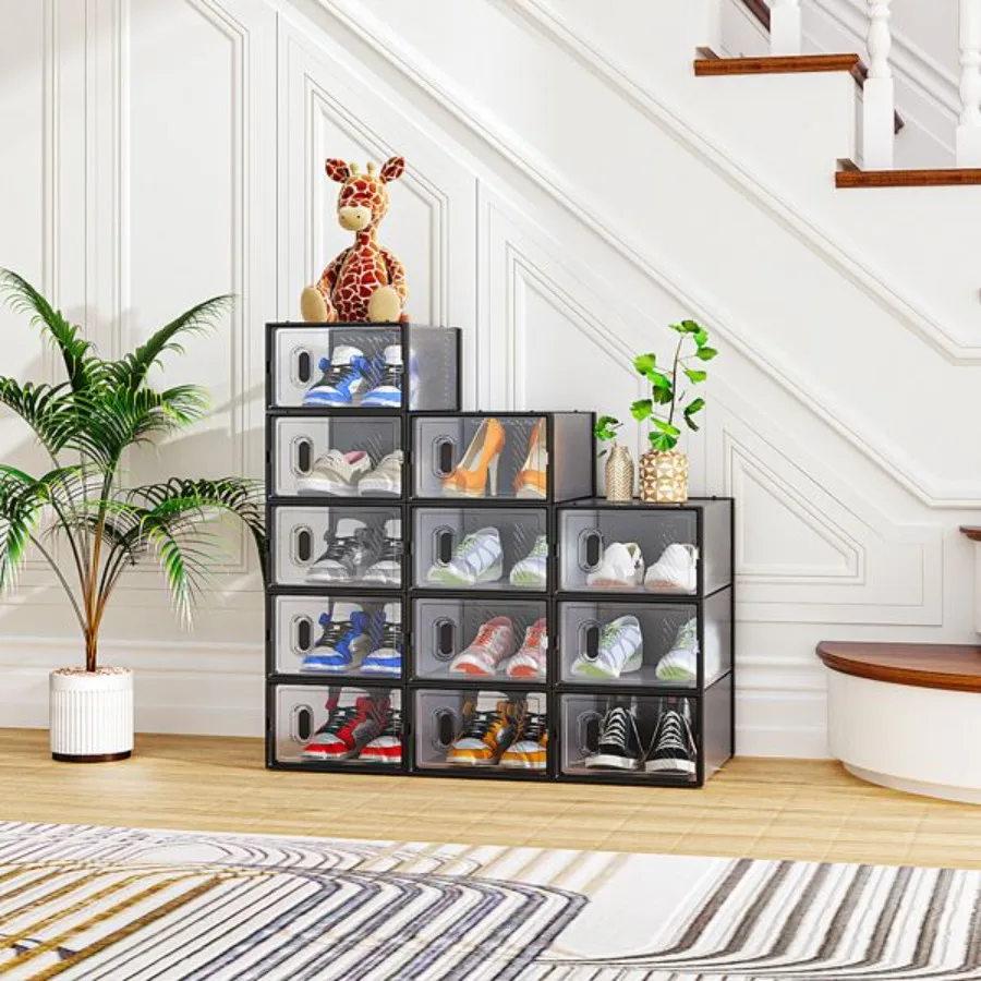 

Black Small 12Piece Shoe Storage Box Set 33x23x14cm Plastic Mesh Stackable Design