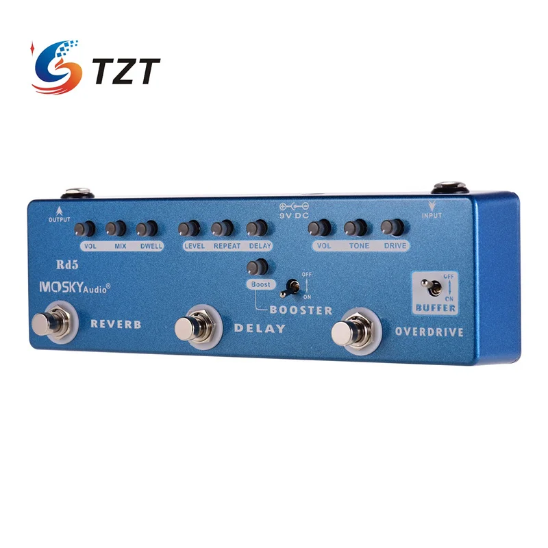 TZT MOSKYAudio RD5 5 인 1 멀티 효과 페달, 버퍼, 오버드라이브, 부스트, 딜레이, 리버브 기타 효과 페달