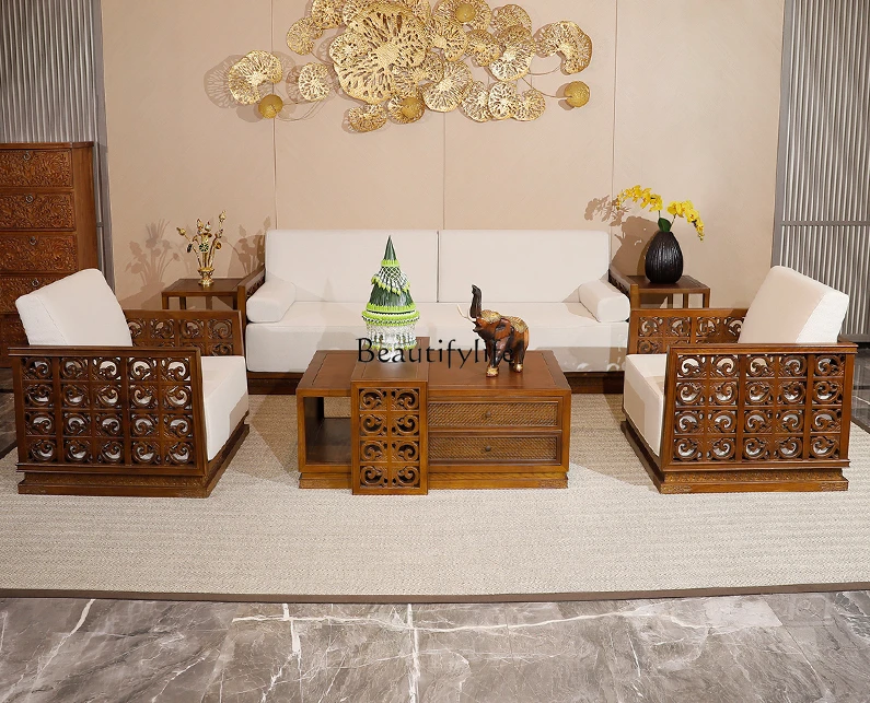 New Chinese Style Solid Wood Living Room Long Sofa Southeast Asian Style Thai Villa Hall Furniture