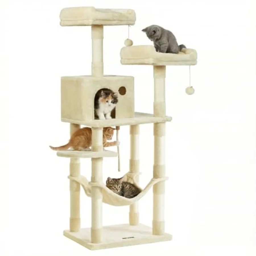 

Cat Tree 56.3-Inch for indoor use plush fabric in gray durable sisal scratching posts and soft faux fur perches hammock and cav