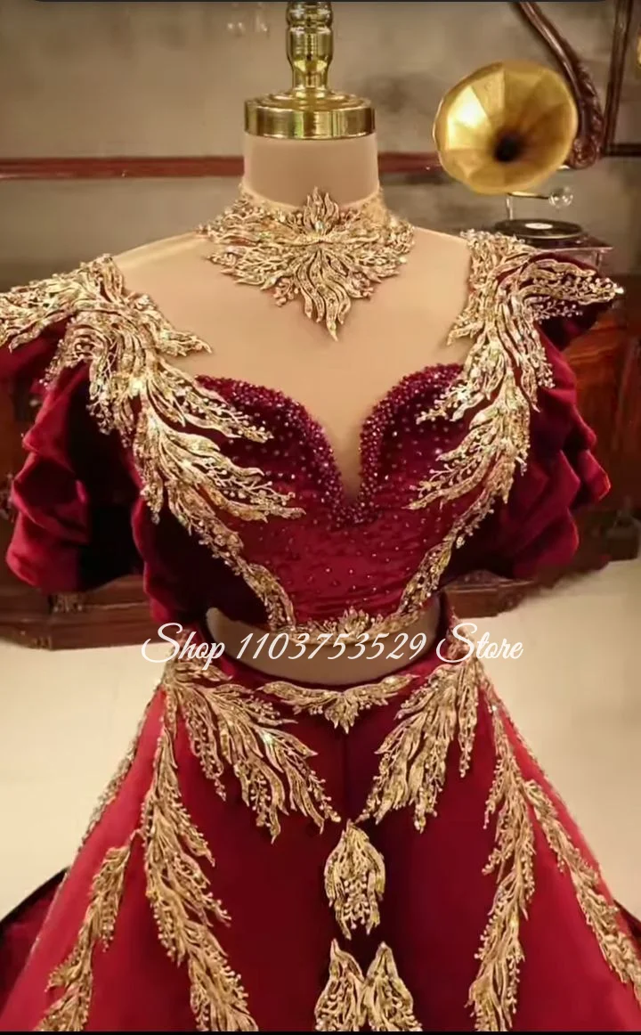 Custom Red Glamorous Wedding Gown Algerian Crystal Appliqué Bridal Dress Gold Embroidered Evening Gown Traditional Wedding Attir