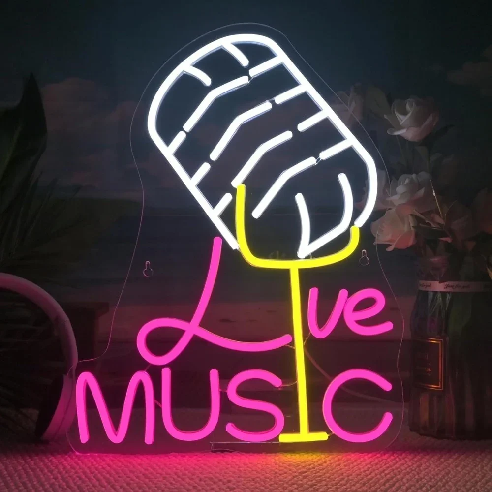 Live Music Microphone Neon Sign Pink Yellow LED Wall Art USB Powered Acrylic Glow Lamp Bar Party Studio Home Decoration