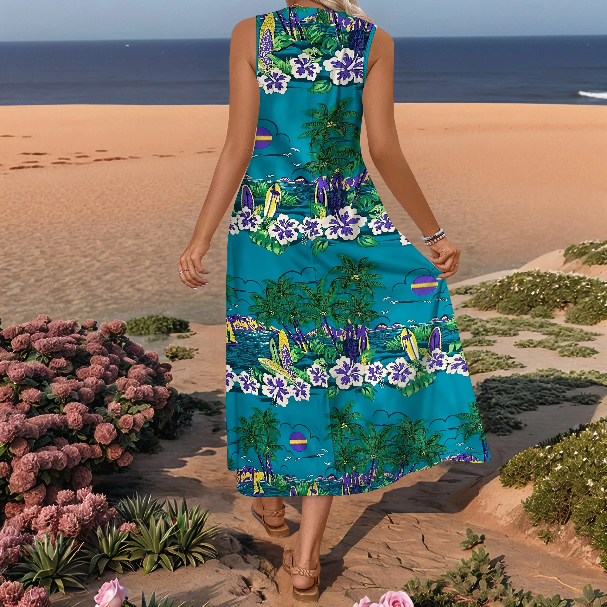 Abito lungo da donna con stampa di scene tropicali blu Nupusa, taglia regolare, casual, senza maniche, con tasche