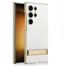 For Samsung Galaxy S26 S25 S24 S23Ultra Case Luxury Electroplated Gold Border Plain Leather Bracket Shockproof Cover Accessories