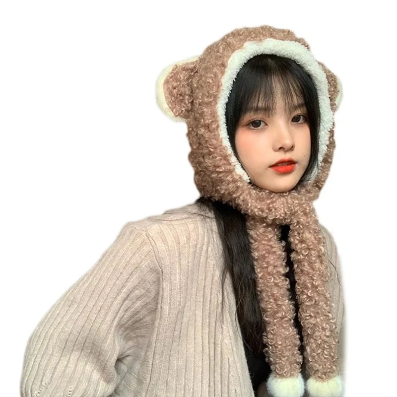 Dulce lindo oso/orejas conejo sombrero con bufanda 2 en 1 peludo leifeng sombrero diadema gorra para hombres mujeres niñas a