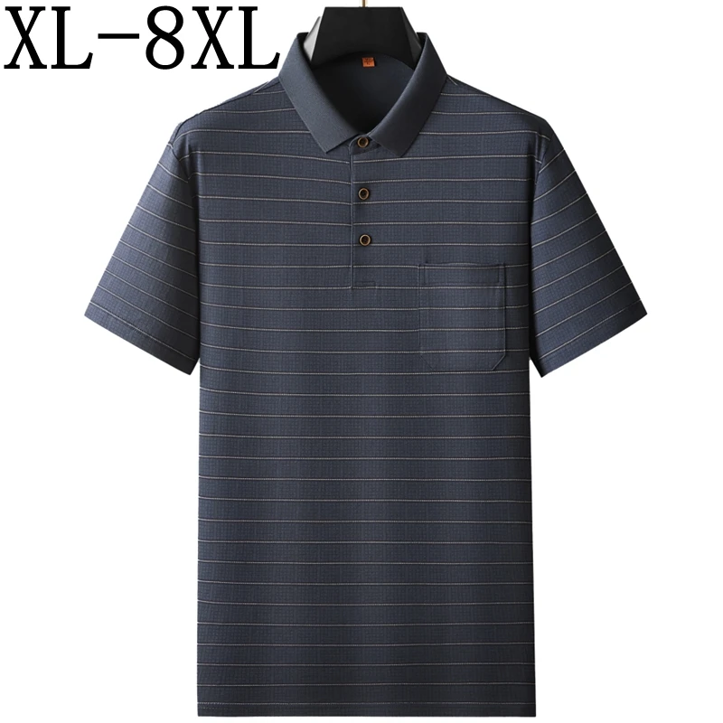 

8XL 7XL 6XL 2025 Новая летняя элитная рубашка поло из 100% хлопка Мужские рубашки с короткими рукавами и лацканами с карманами Повседневная полосатая футболка