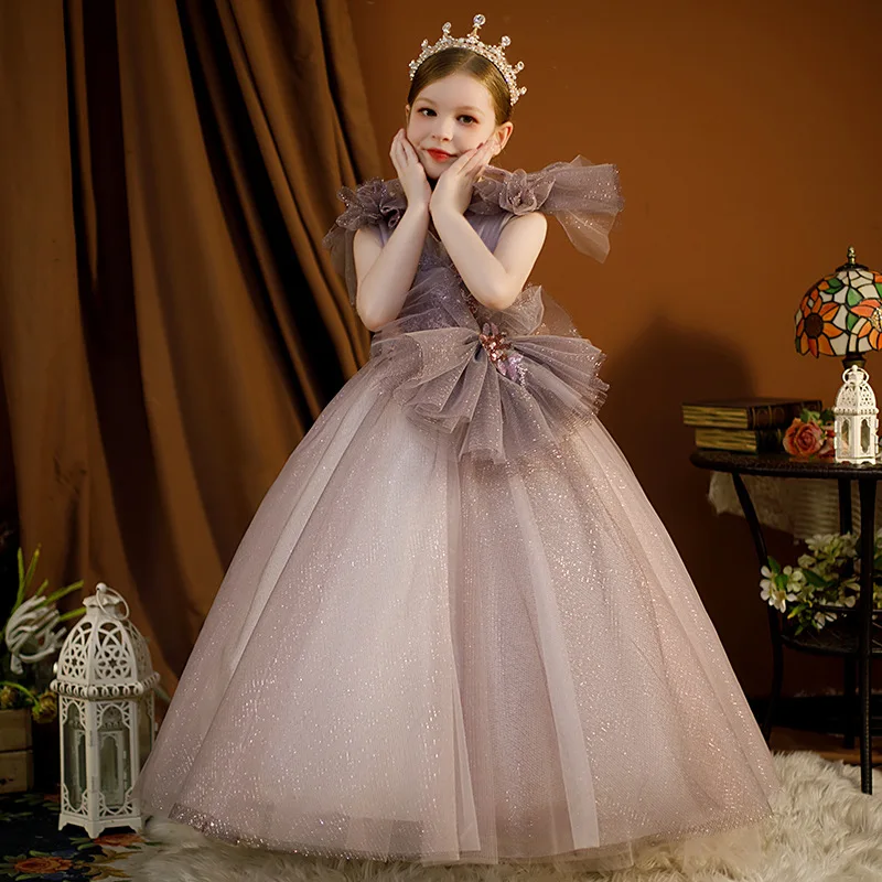 Customized Ball Gown Baby Flower Girl Dresses Tulle With Bow Children Wedding Birthday Party Gowns