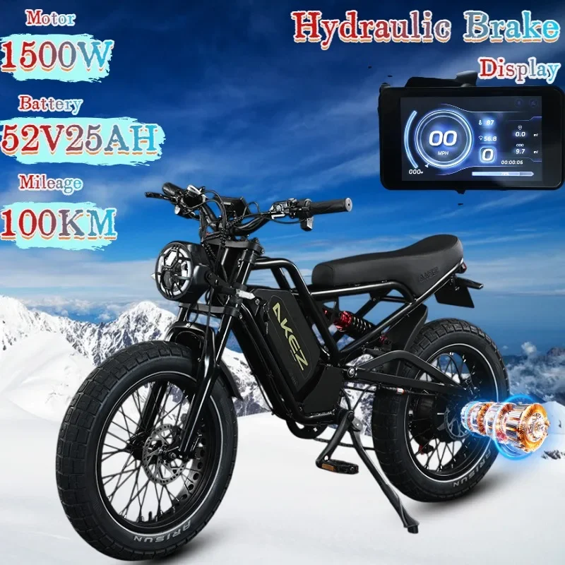 AKEZ Electric Motorcycle 1500W Motor 52V 25AH Hydraulic Brake 20*4.0 Fat Tire Off-Road Snow E-Bike Adult Mountain Electric Bike