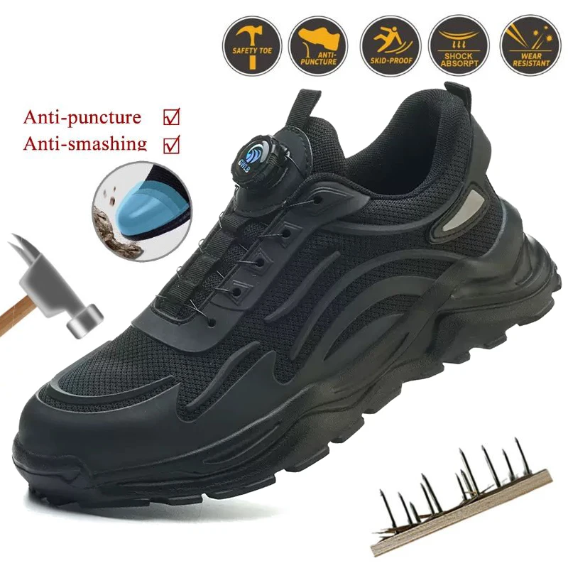 夏通気性軽量メンズ回転ボタン抗パンク新しい抗スマッシュ鋼靴安全靴足が疲れない