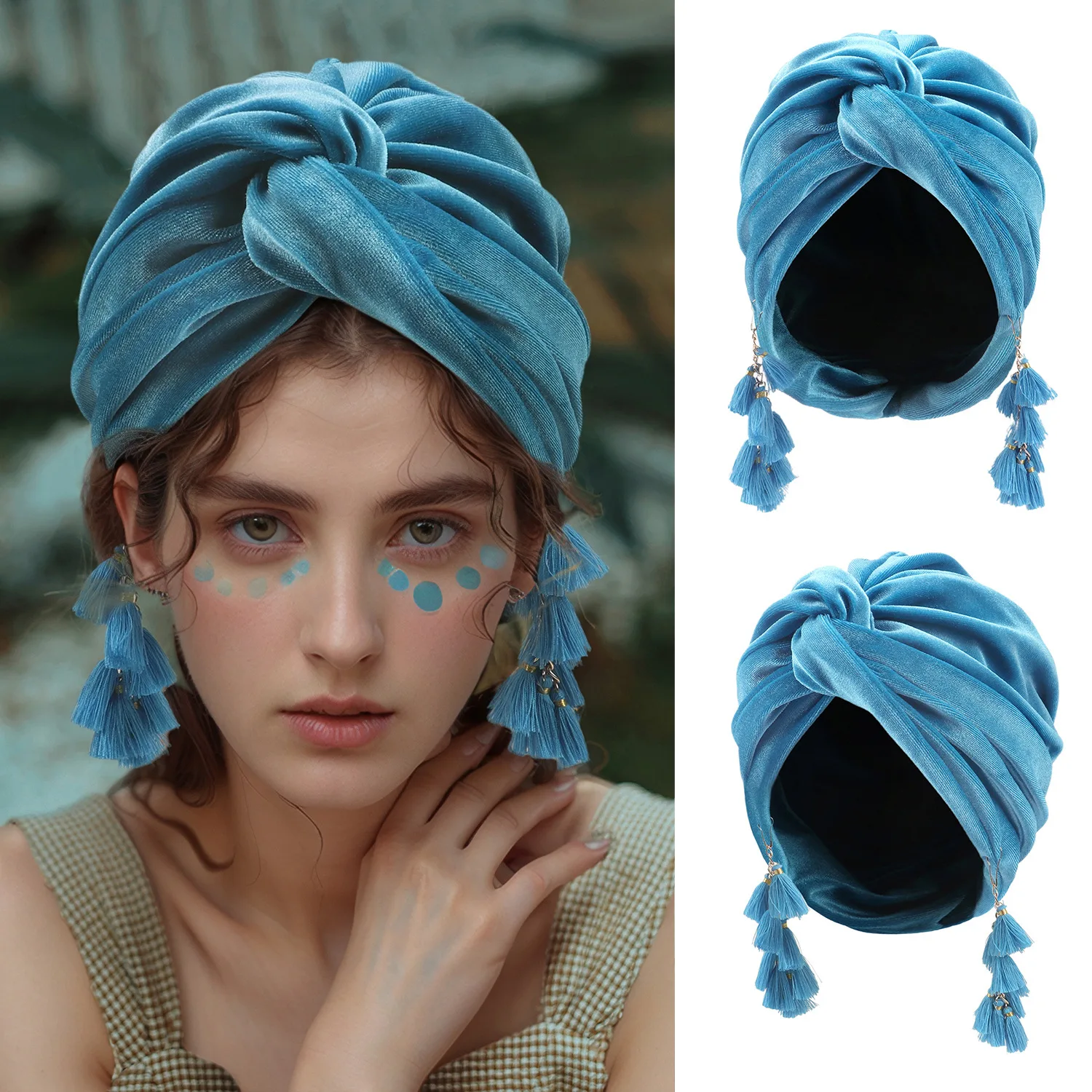 

2025 New Style African Women's Headscarf Hat Retro Fashionable Tassel Headscarf Bohemian-style Crossed Pullover Cap YS5-704-1