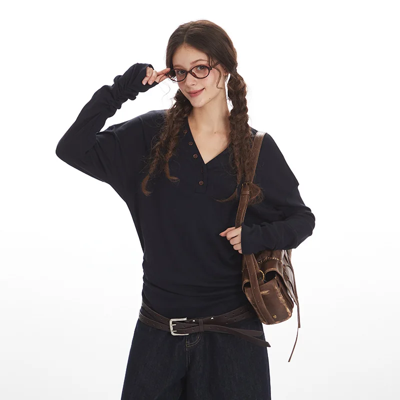 High Quality Hot Selling Wholesale Autumn New V-neck Waist Cinched Long Sleeved T-shirt Slim Fit Inner Layer Bottom Top Women