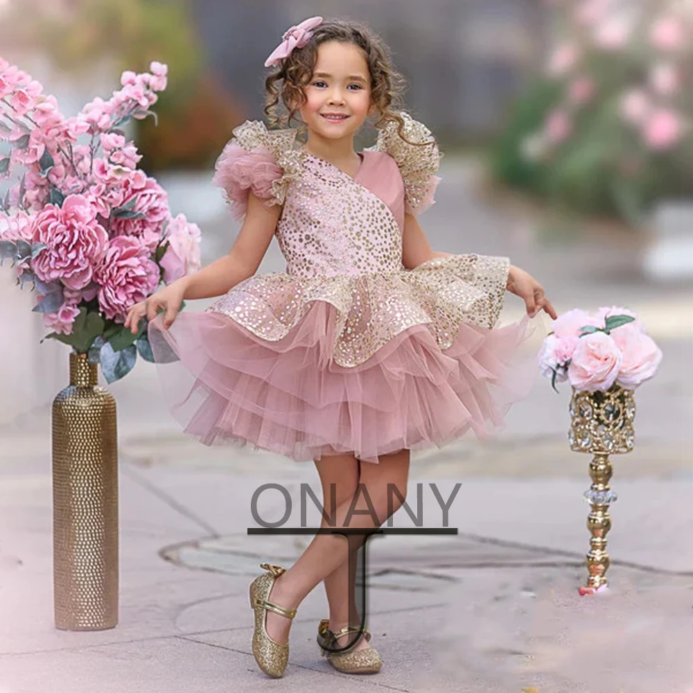 

JONANY Sparkly V-Neck Flower Girl Dress Frilled Tulle Customised Baby Birthday Dress Pageant Gown Communion Robe De Demoiselle