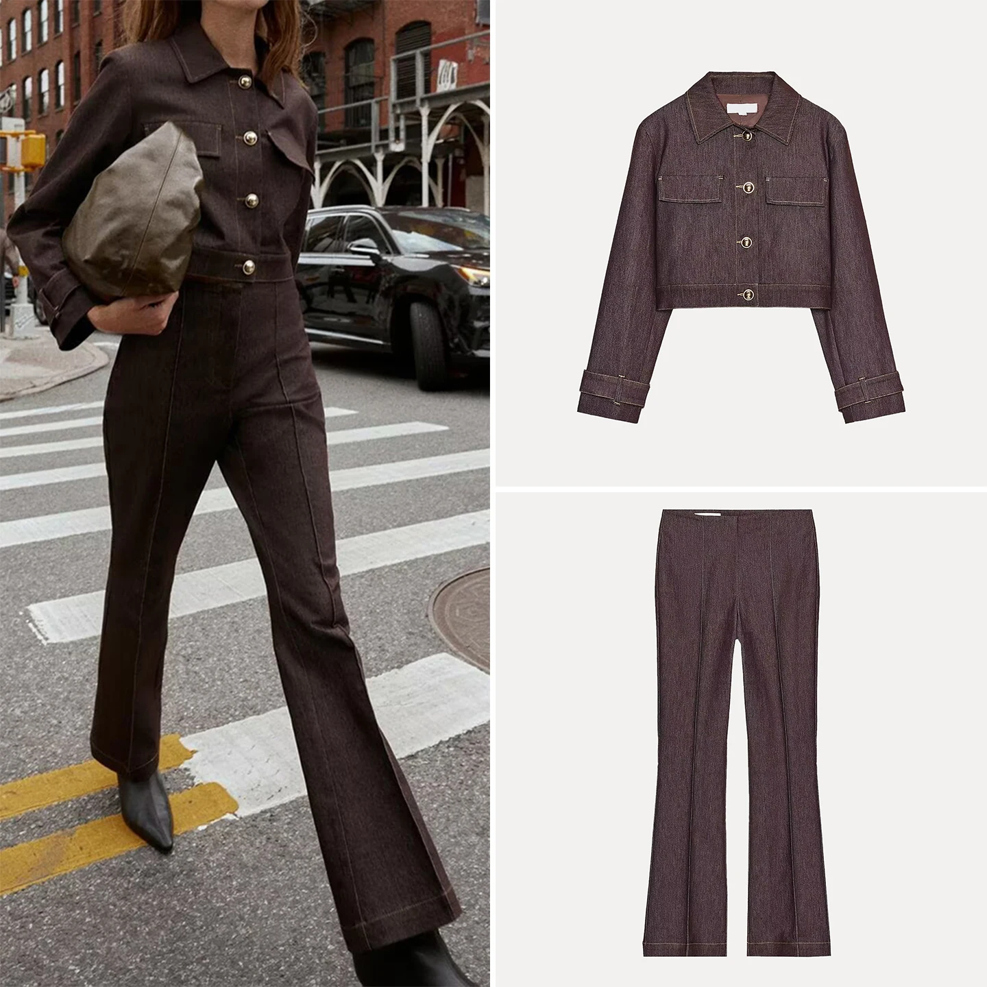 طقم Z للسيدات من Faion سروال واسع عالي الخصر وخياطة ort لون Blo Jaet لخريف 2025 طويل Sve بياقة عالية