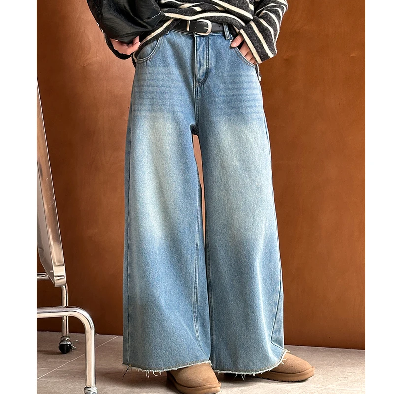 2024 New Arrival Women High Waist Cotton Denim Pants Thick Fleece Inner Wide Leg Jeans Women Clothes Fashion Blue Long Trousers