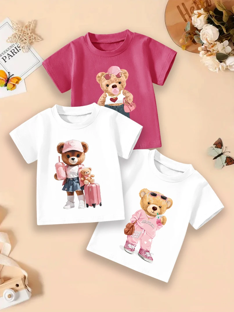 3 pieces: Girls' summer round neck short-sleeved T-shirts with cartoon bear print, suitable for going out and versatile.