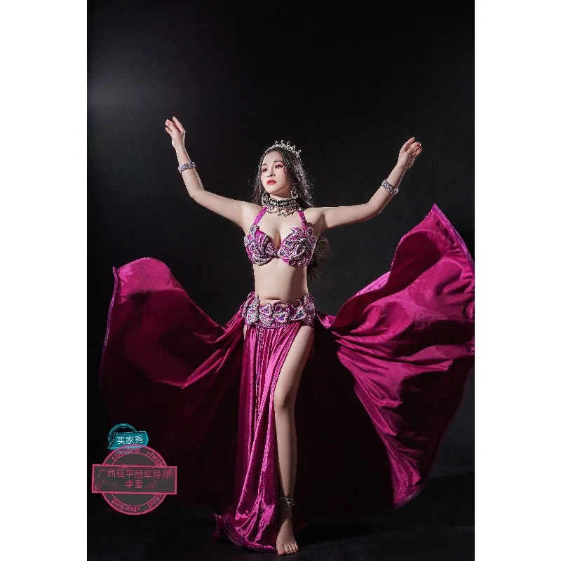 Customized Belly Dancewear Rhinestone Accessories Group Stage Suit Performance Costume Belly Dancing Bra Tassel Split Skirt Set