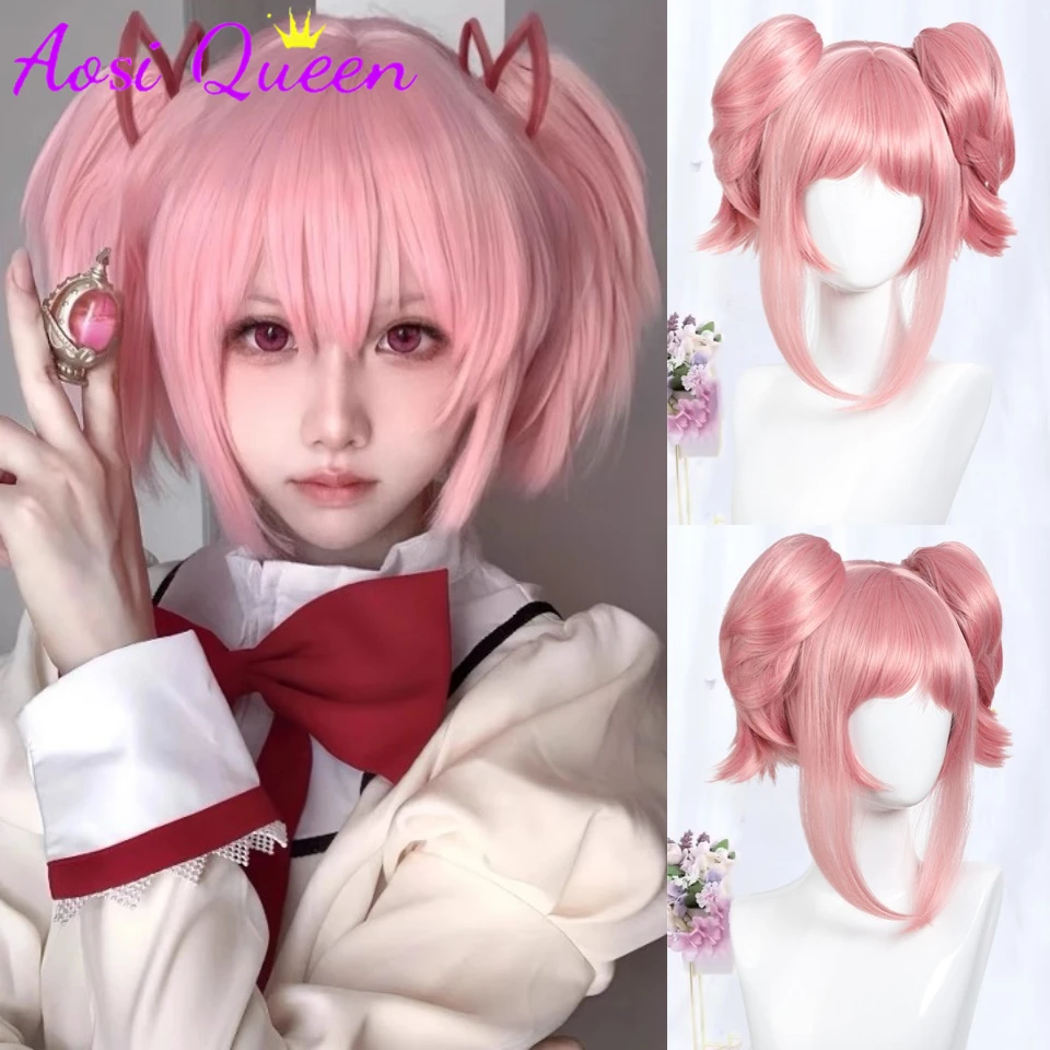 

AOSI 28cm Short Wig With Double Ponytails Synthetic Pink Cosplay Wig Party BOB Wigs with Bangs Lolita Women Heat Resistant Hair