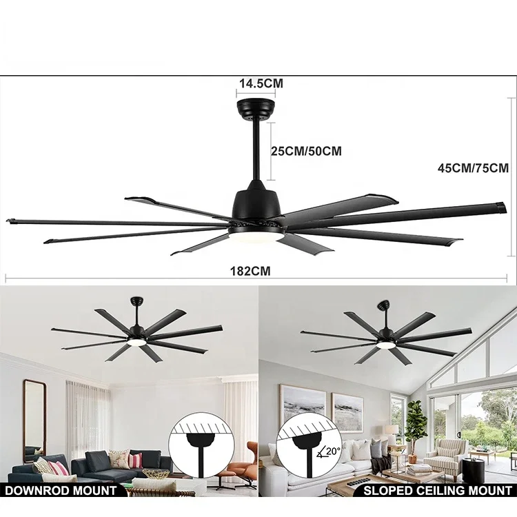 Large Size 72 Inch Aluminum 8 Blades DC Motor Reversible Remote Control Industrial Large Light Emitting Diode with Ceiling Fan